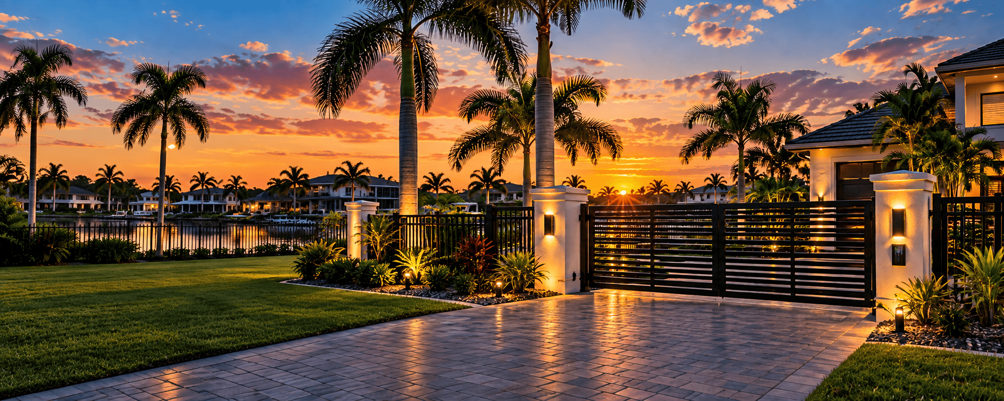 Automated driveway gate and fence at a waterfront home in Southwest Florida