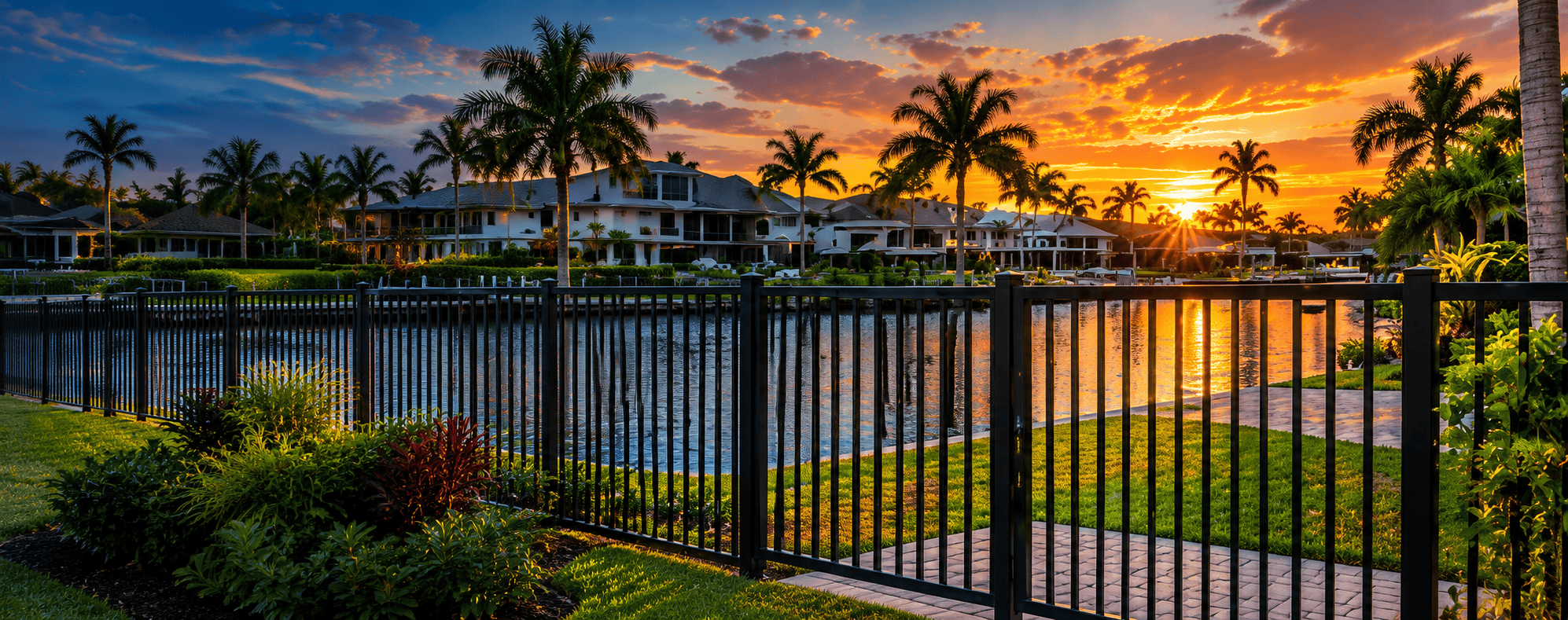 Black aluminum fence at a waterfront home in Cape Coral, Florida