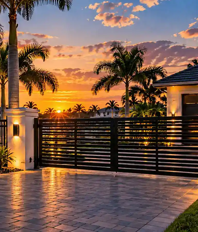 Automated driveway gate and aluminum fence at waterfront home in Cape Coral Florida